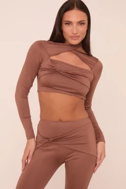 Rebellious Fashion Brown Twist Detail Long Sleeves Crop Top & Kick Flare Trousers Co-ord Set - Holly