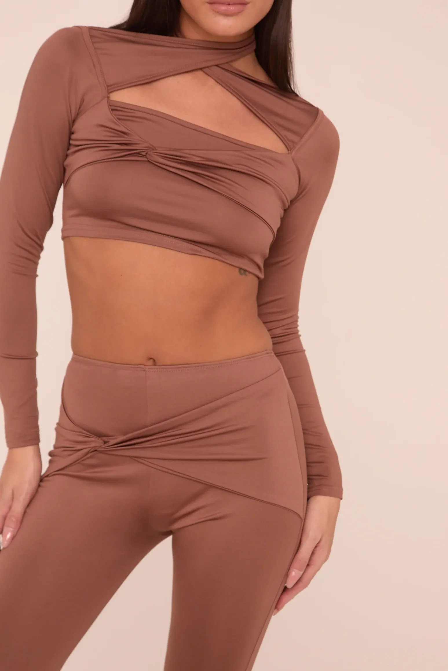 Rebellious Fashion Brown Twist Detail Long Sleeves Crop Top & Kick Flare Trousers Co-ord Set - Holly