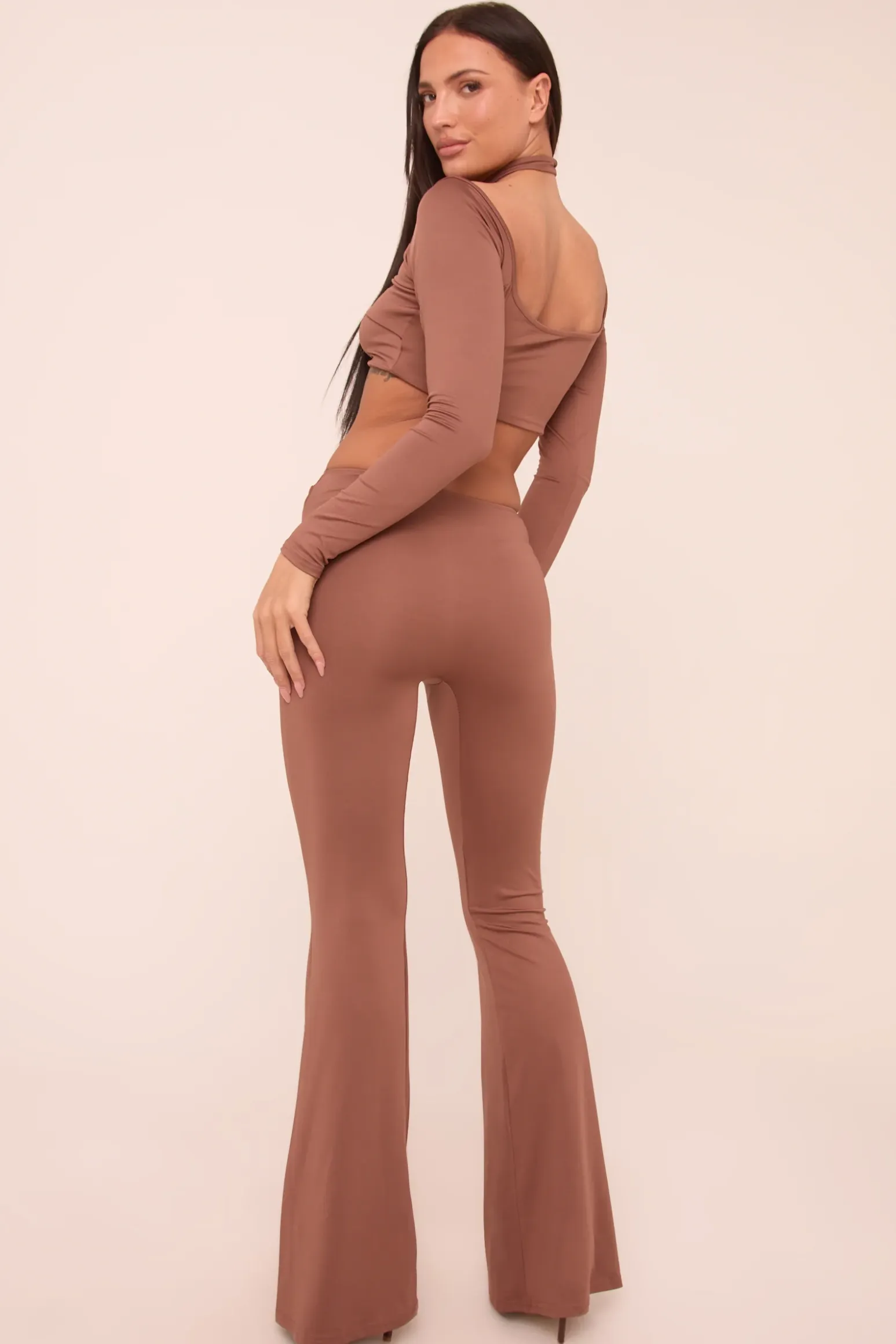 Rebellious Fashion Brown Twist Detail Long Sleeves Crop Top & Kick Flare Trousers Co-ord Set - Holly