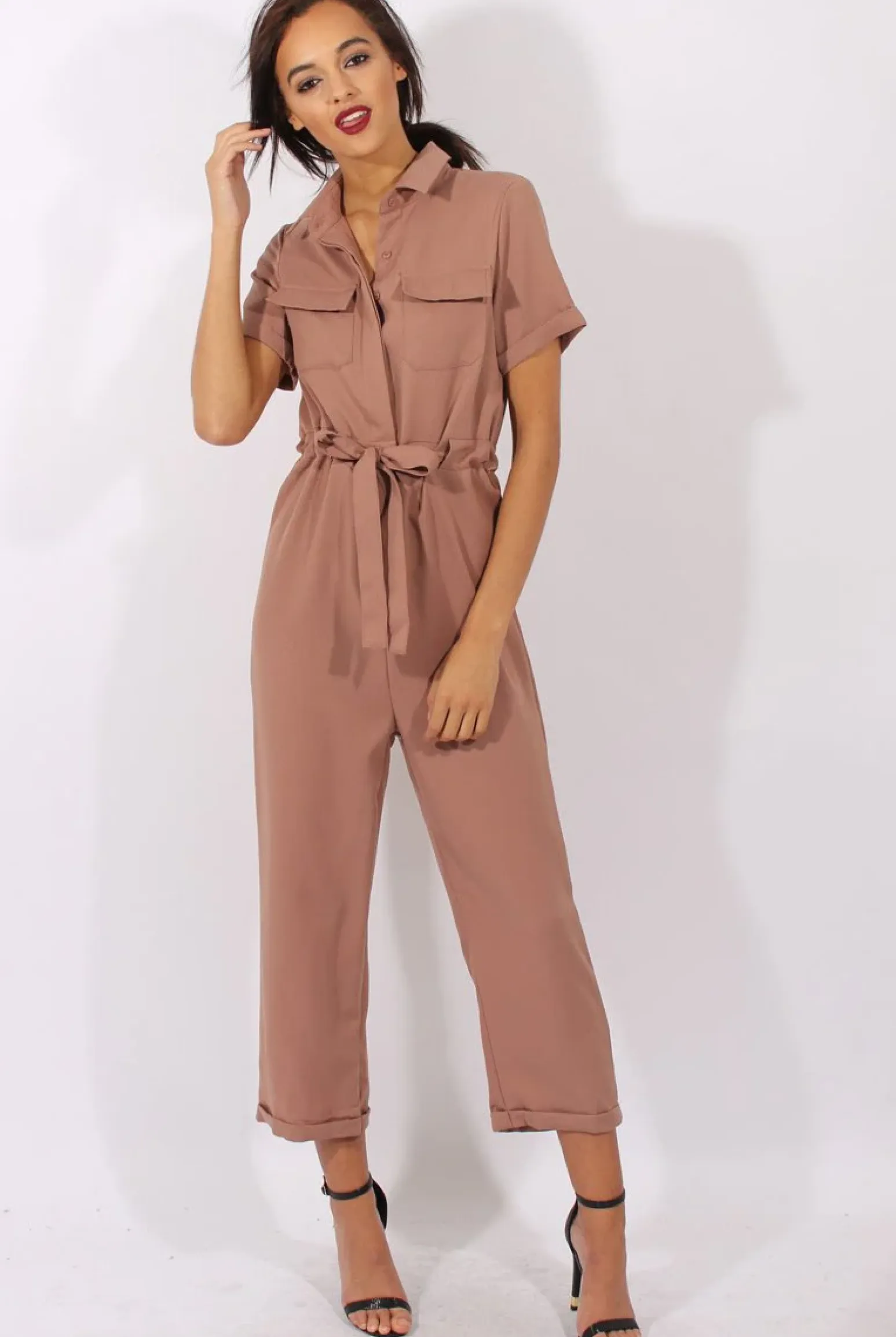 Rebellious Fashion Brown Utility Tie Waist Pocket Jumpsuit - Kai