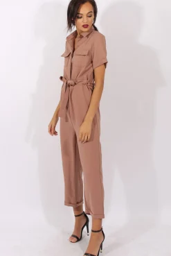 Rebellious Fashion Brown Utility Tie Waist Pocket Jumpsuit - Kai