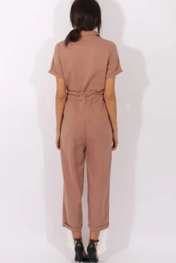 Rebellious Fashion Brown Utility Tie Waist Pocket Jumpsuit - Kai