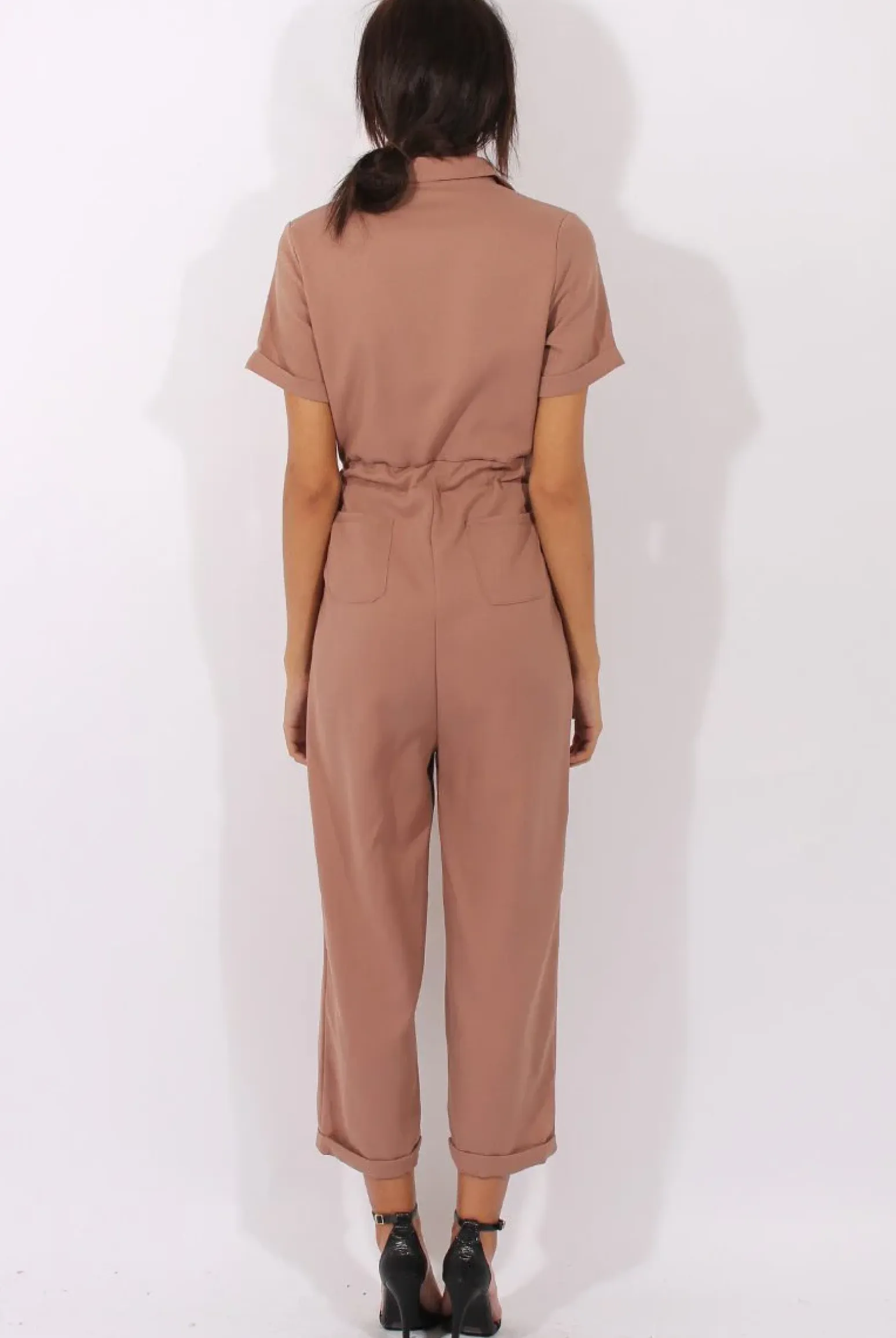 Rebellious Fashion Brown Utility Tie Waist Pocket Jumpsuit - Kai