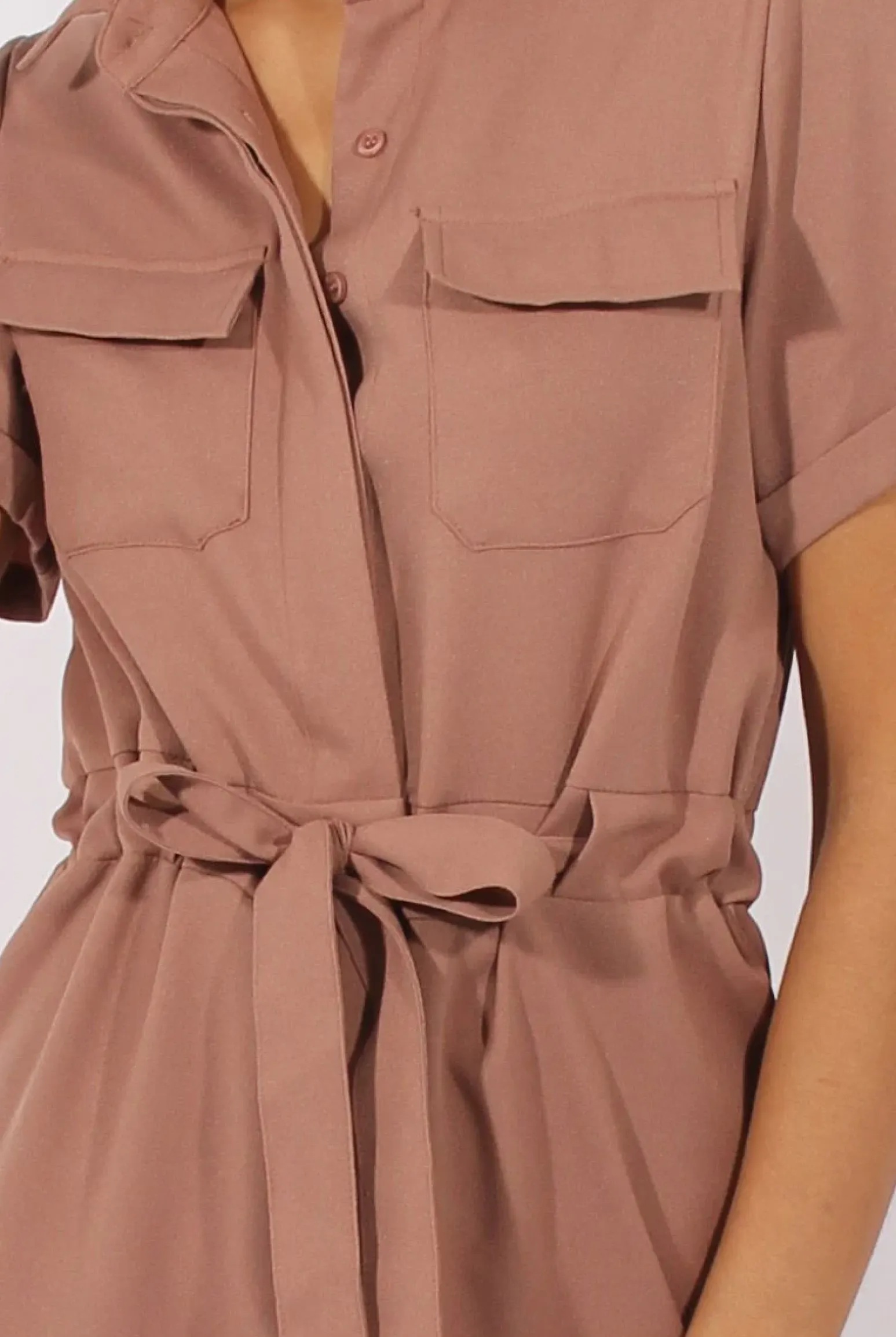 Rebellious Fashion Brown Utility Tie Waist Pocket Jumpsuit - Kai