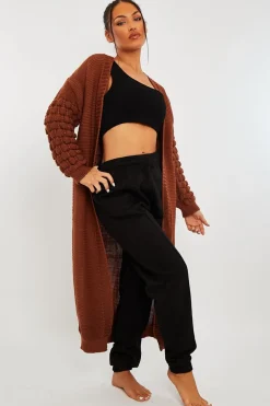 Rebellious Fashion Brown Waffle Sleeve Maxi Cardigan - Davaya
