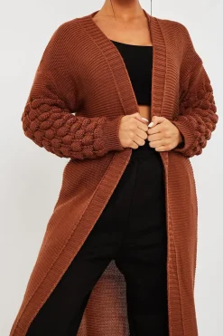 Rebellious Fashion Brown Waffle Sleeve Maxi Cardigan - Davaya