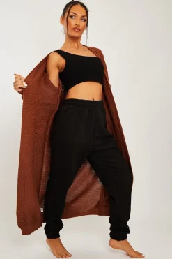 Rebellious Fashion Brown Waffle Sleeve Maxi Cardigan - Davaya