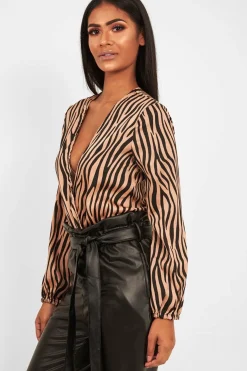 Rebellious Fashion Brown Zebra Print Plunge Bodysuit - Aaralyn