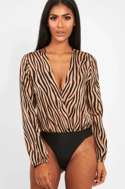 Rebellious Fashion Brown Zebra Print Plunge Bodysuit - Aaralyn