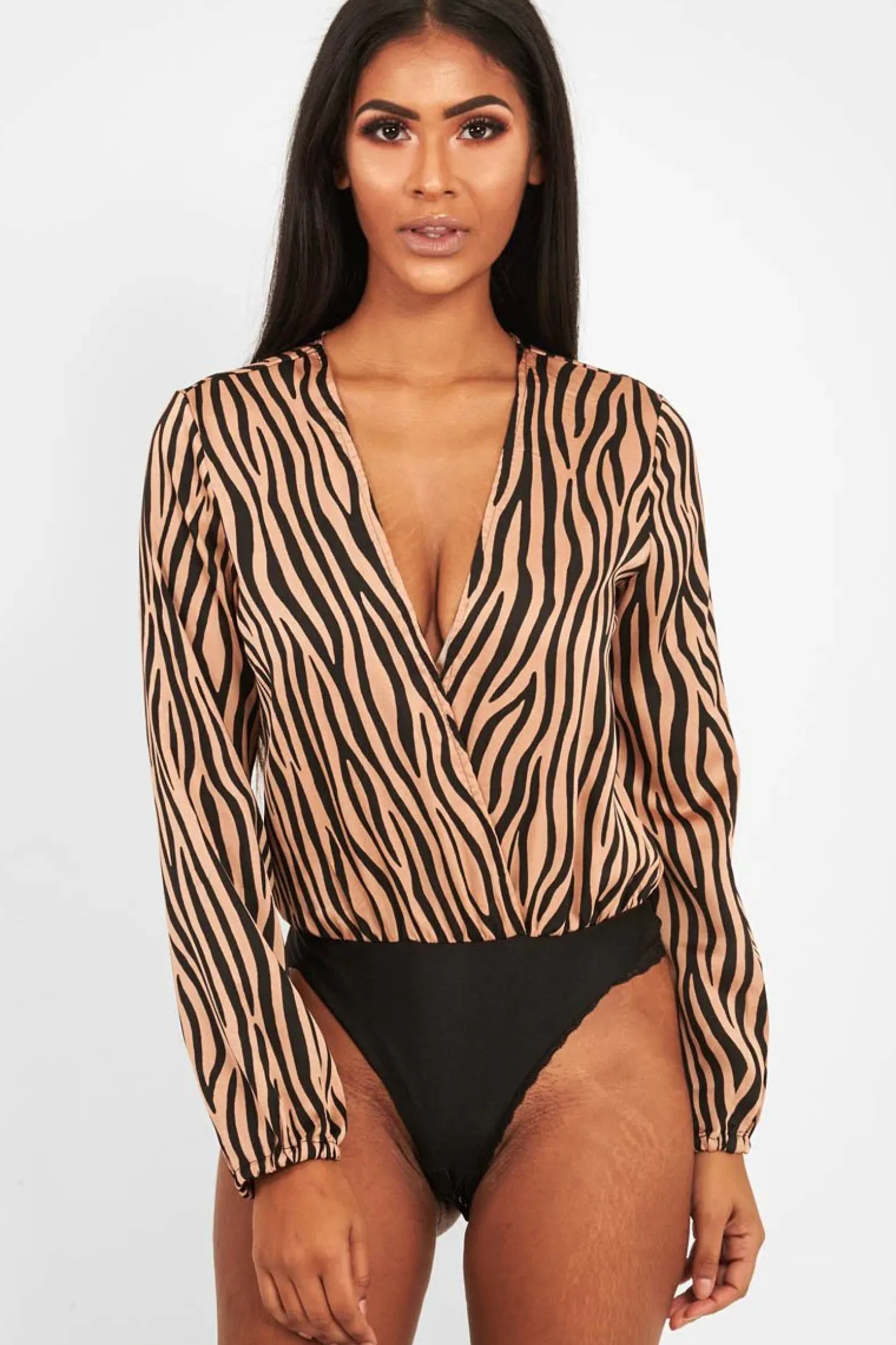 Rebellious Fashion Brown Zebra Print Plunge Bodysuit - Aaralyn