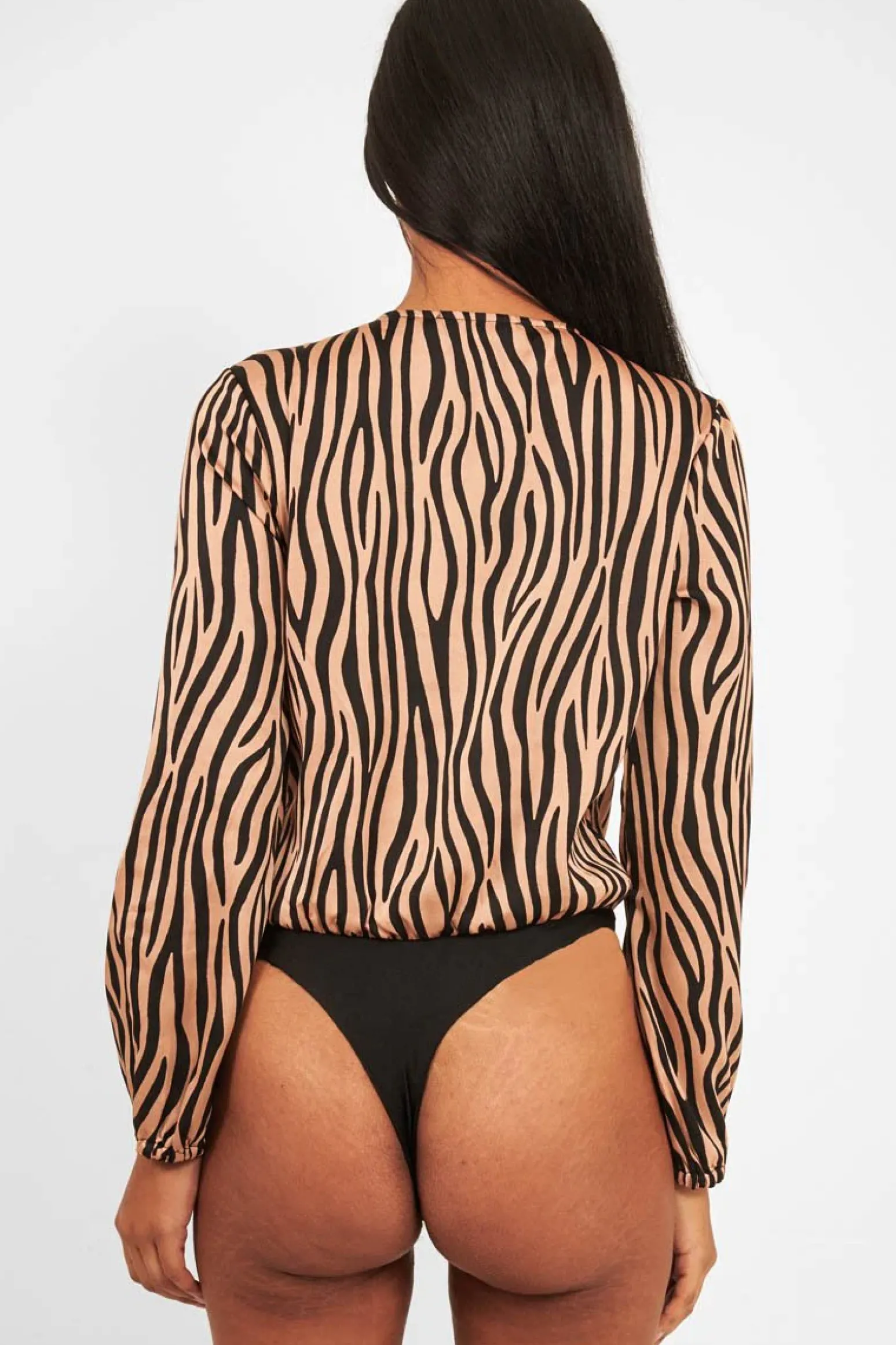 Rebellious Fashion Brown Zebra Print Plunge Bodysuit - Aaralyn