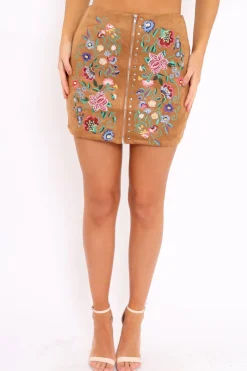 Rebellious Fashion Brown Zip Front Floral Embroidered Skirt - Charline