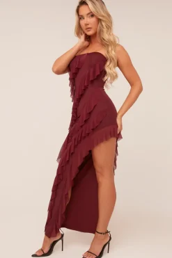 Rebellious Fashion Burgundy Bandeau Frill Detail Maxi Dress - Gillian