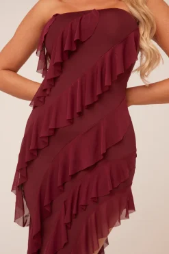Rebellious Fashion Burgundy Bandeau Frill Detail Maxi Dress - Gillian