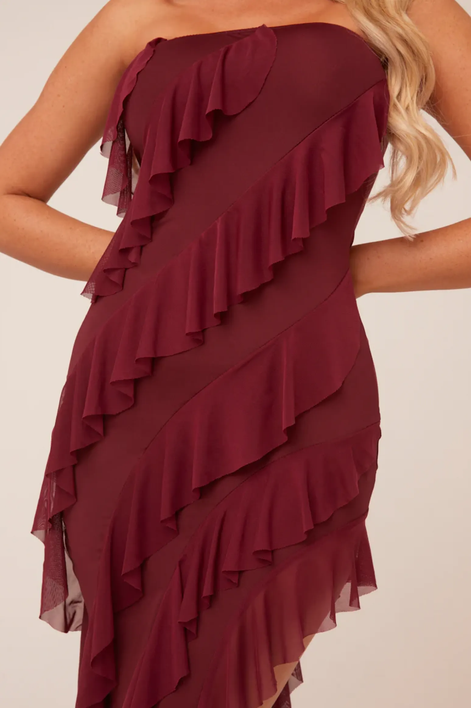 Rebellious Fashion Burgundy Bandeau Frill Detail Maxi Dress - Gillian