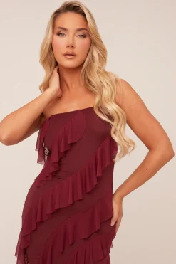 Rebellious Fashion Burgundy Bandeau Frill Detail Maxi Dress - Gillian