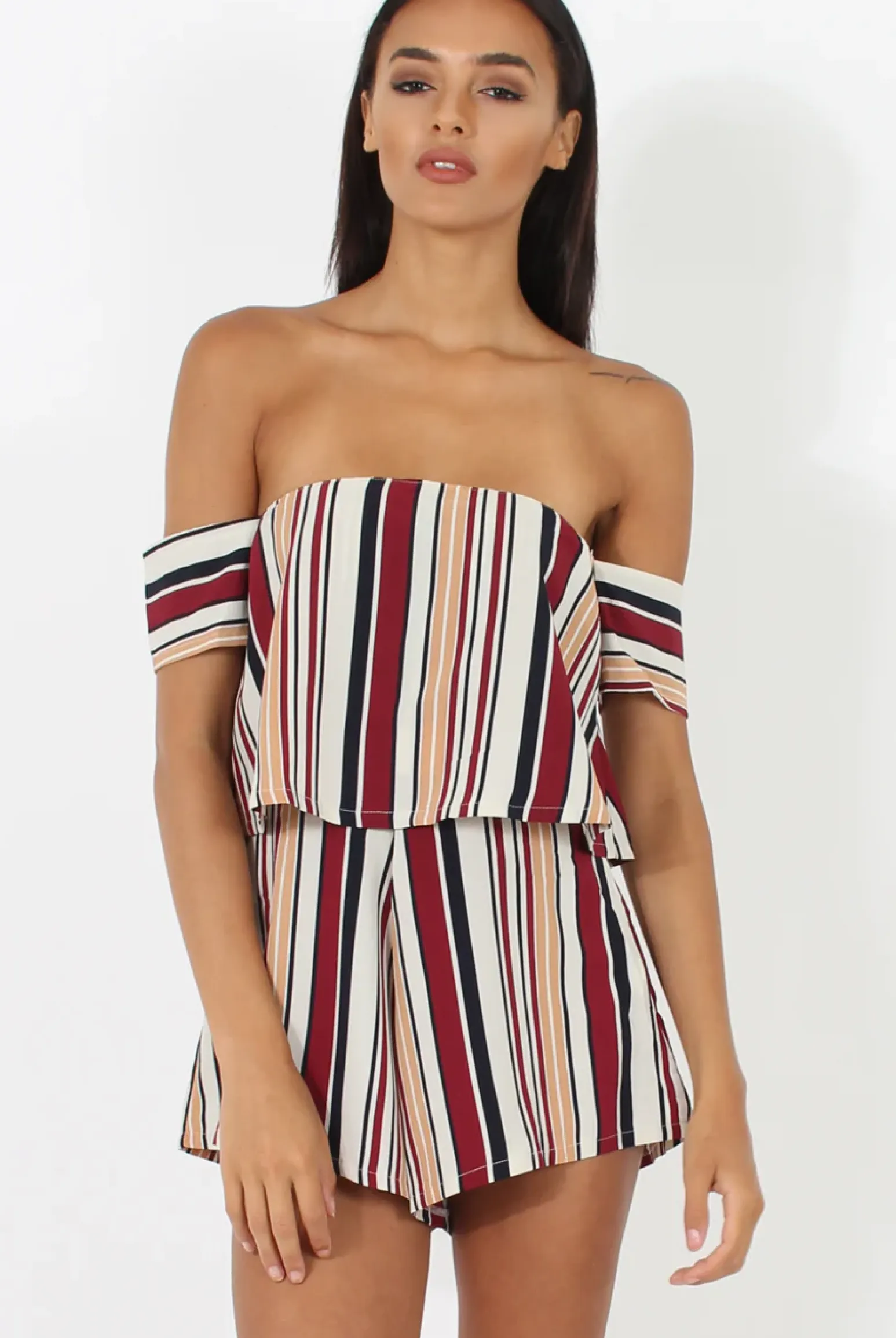 Rebellious Fashion Burgundy & White Striped Bardot Playsuit - Shayna