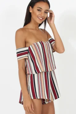 Rebellious Fashion Burgundy & White Striped Bardot Playsuit - Shayna