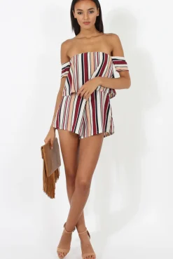 Rebellious Fashion Burgundy & White Striped Bardot Playsuit - Shayna