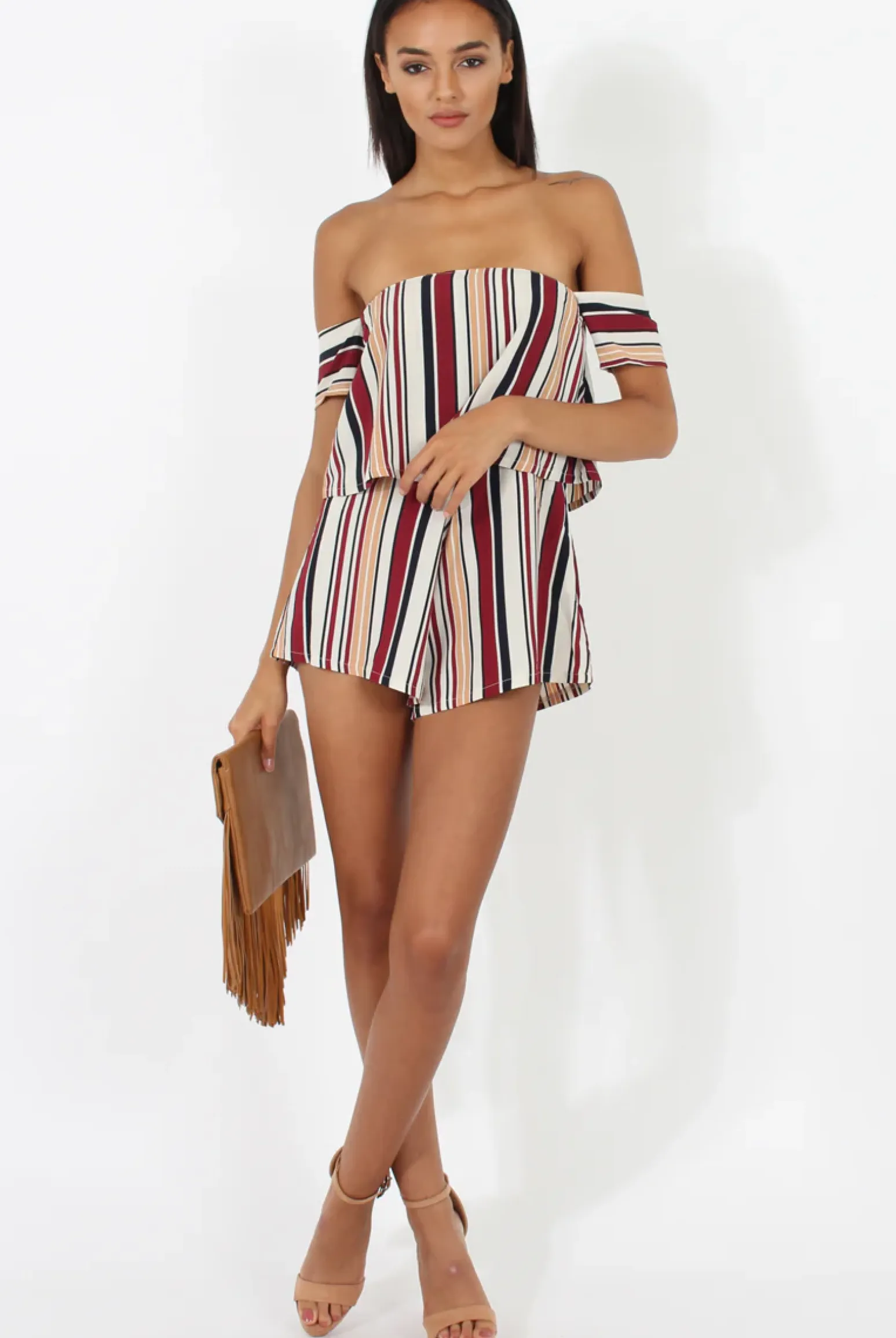 Rebellious Fashion Burgundy & White Striped Bardot Playsuit - Shayna