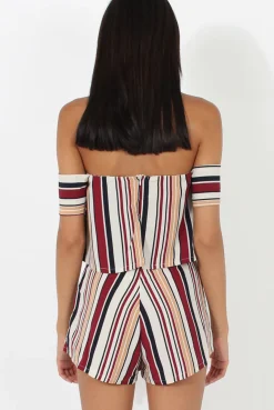 Rebellious Fashion Burgundy & White Striped Bardot Playsuit - Shayna