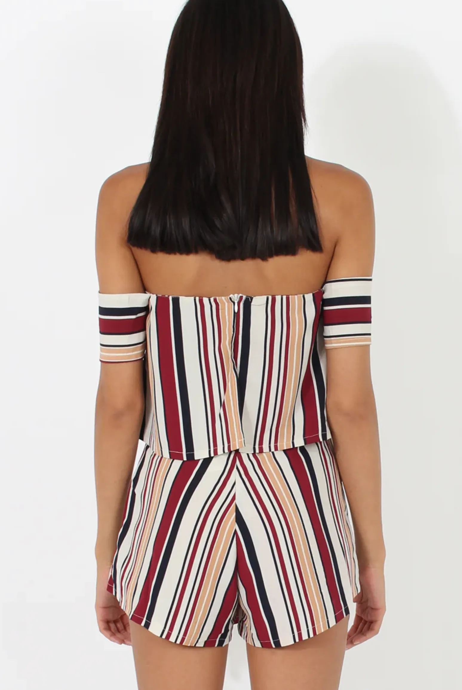 Rebellious Fashion Burgundy & White Striped Bardot Playsuit - Shayna