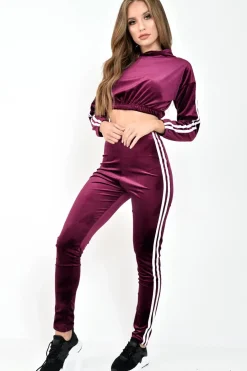 Rebellious Fashion Burgundy And White Stripe Velour Cropped Tracksuit - Deymi