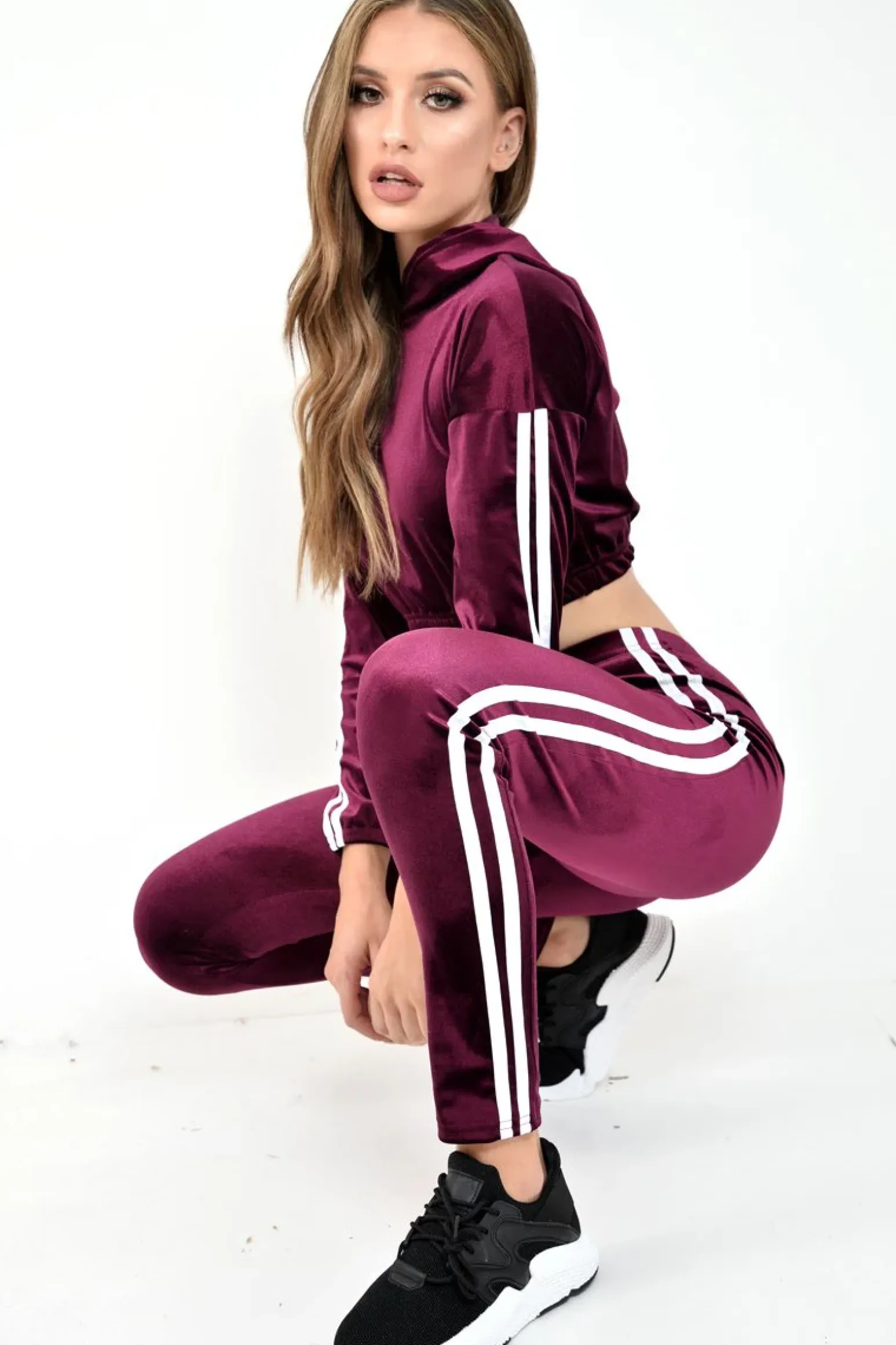 Rebellious Fashion Burgundy And White Stripe Velour Cropped Tracksuit - Deymi