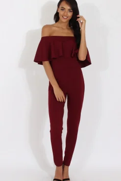 Rebellious Fashion Burgundy Bardot Fitted Jumpsuit - Bridget