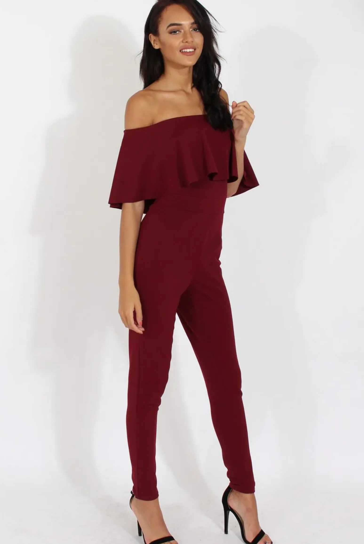 Rebellious Fashion Burgundy Bardot Fitted Jumpsuit - Bridget