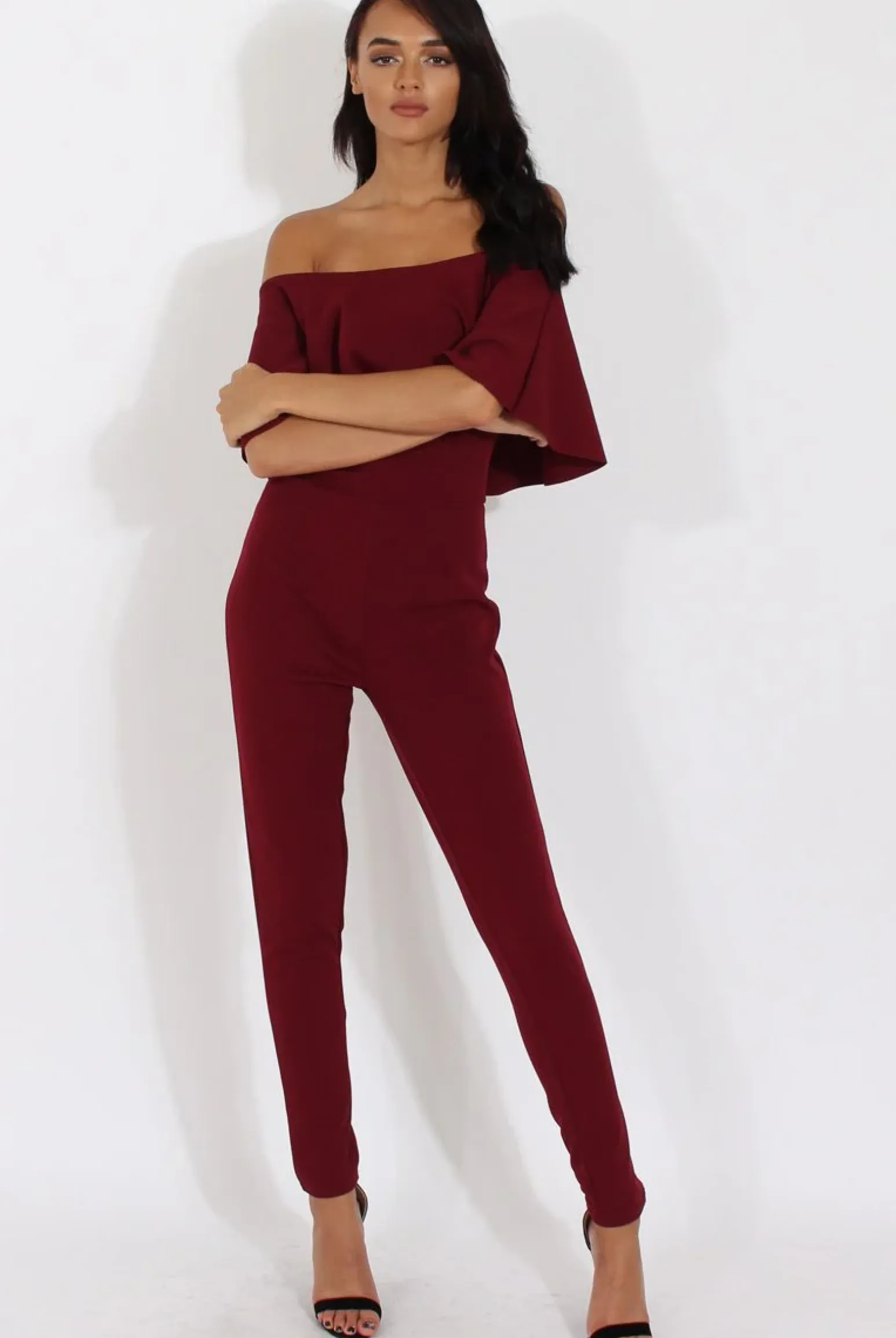 Rebellious Fashion Burgundy Bardot Fitted Jumpsuit - Bridget
