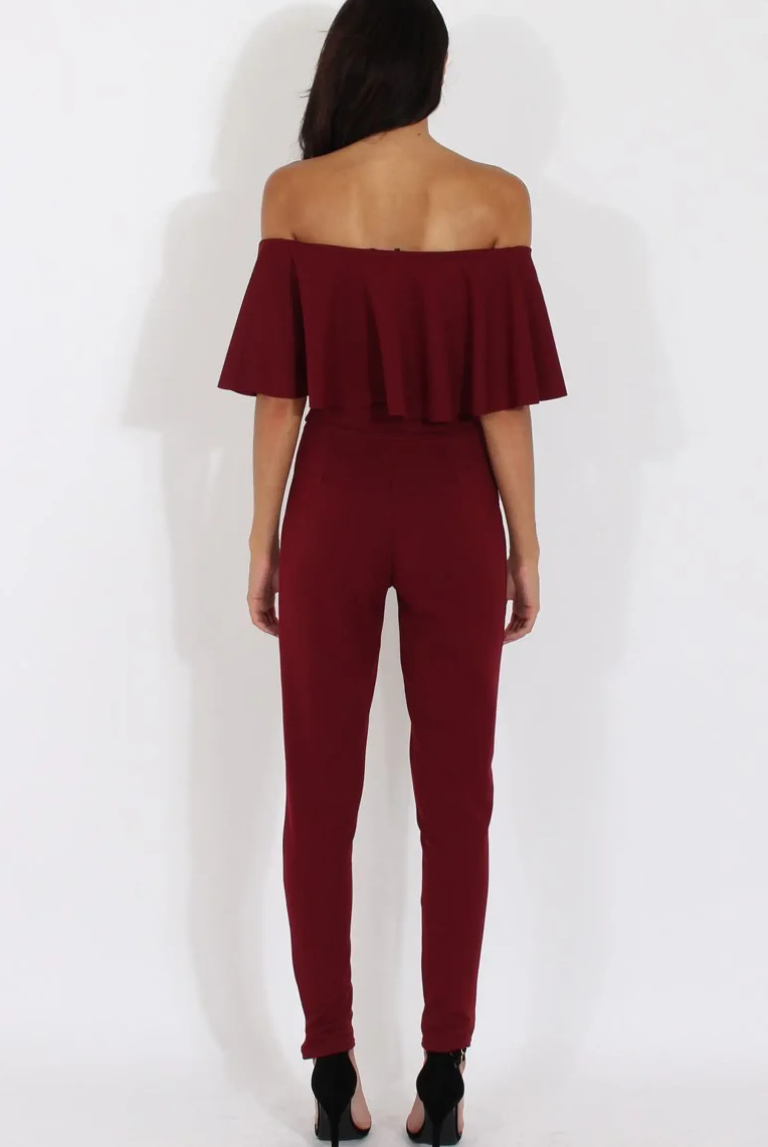 Rebellious Fashion Burgundy Bardot Fitted Jumpsuit - Bridget