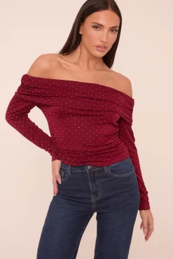 Rebellious Fashion Burgundy Bardot Long Sleeves Cropped Top - Natalia