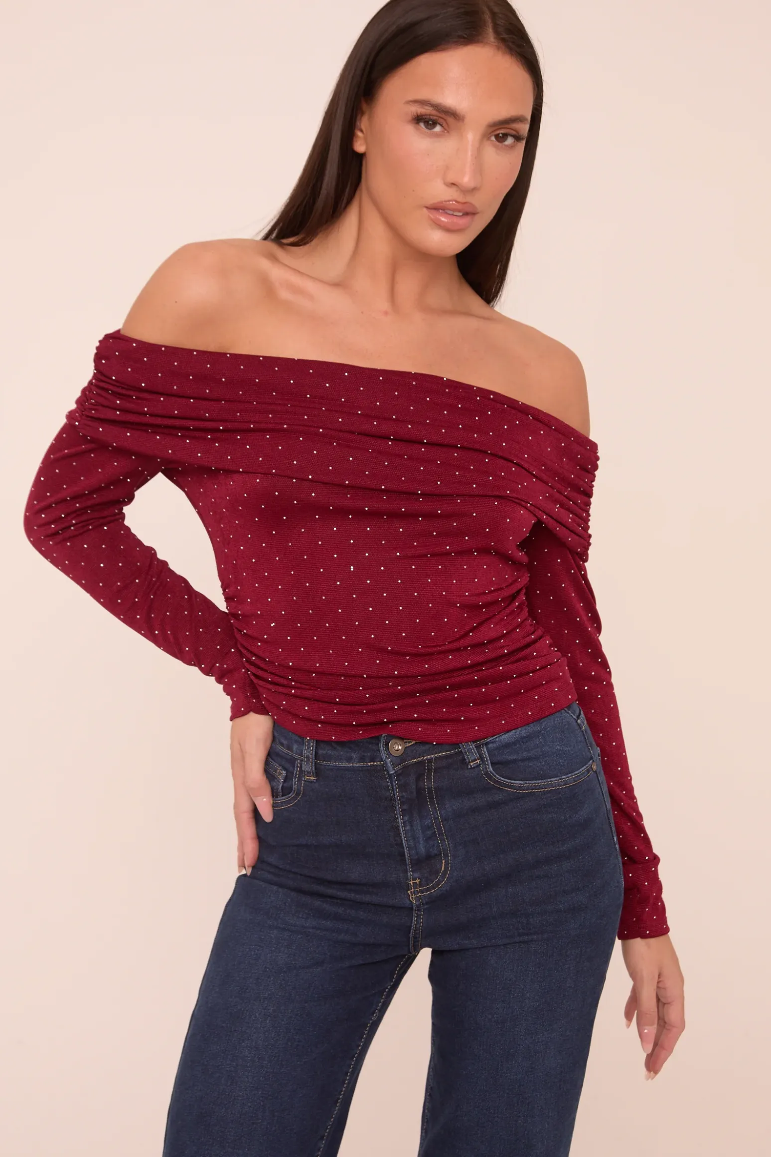 Rebellious Fashion Burgundy Bardot Long Sleeves Cropped Top - Natalia