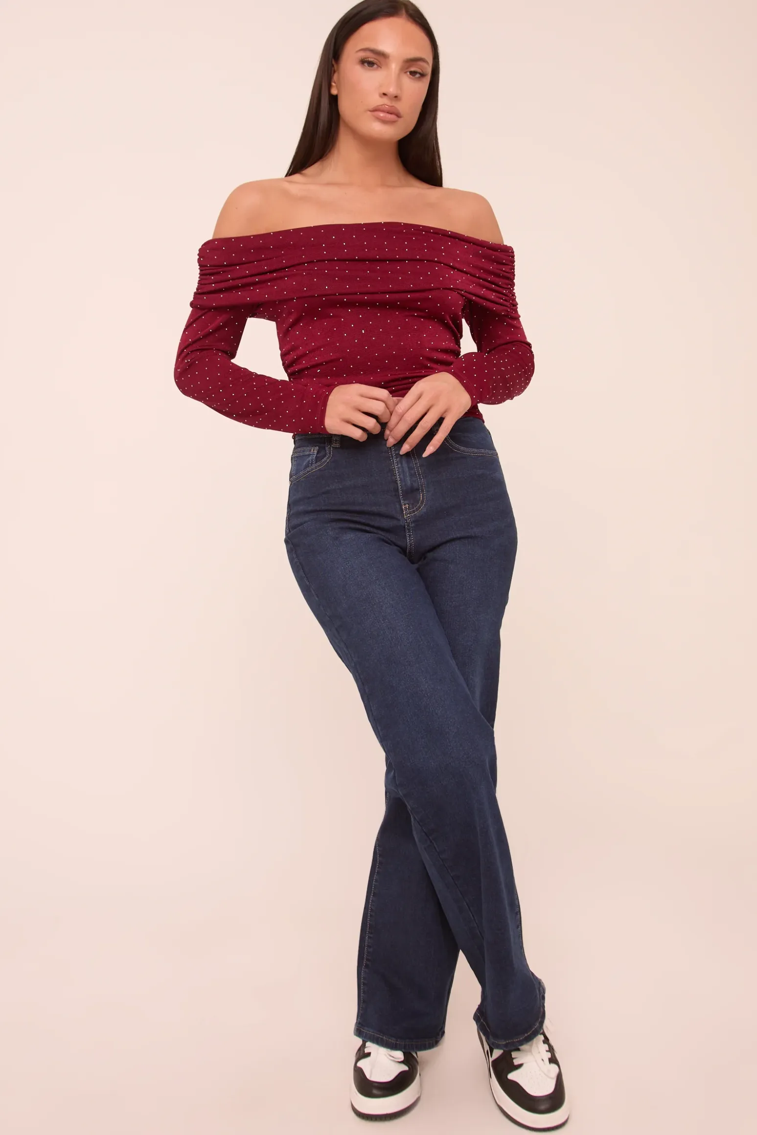 Rebellious Fashion Burgundy Bardot Long Sleeves Cropped Top - Natalia