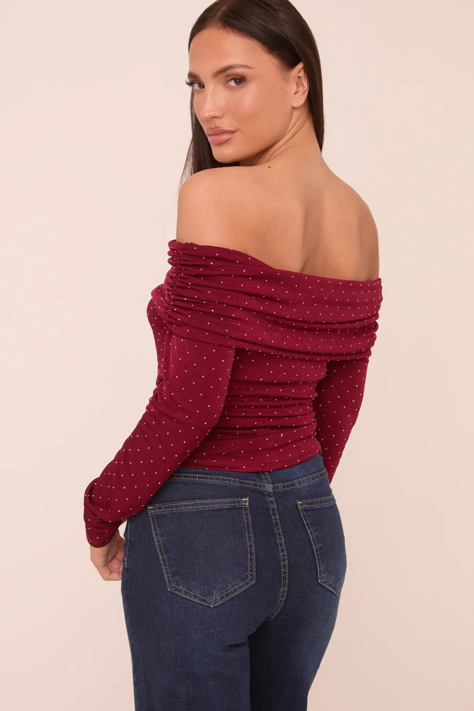 Rebellious Fashion Burgundy Bardot Long Sleeves Cropped Top - Natalia
