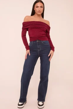 Rebellious Fashion Burgundy Bardot Long Sleeves Cropped Top - Natalia