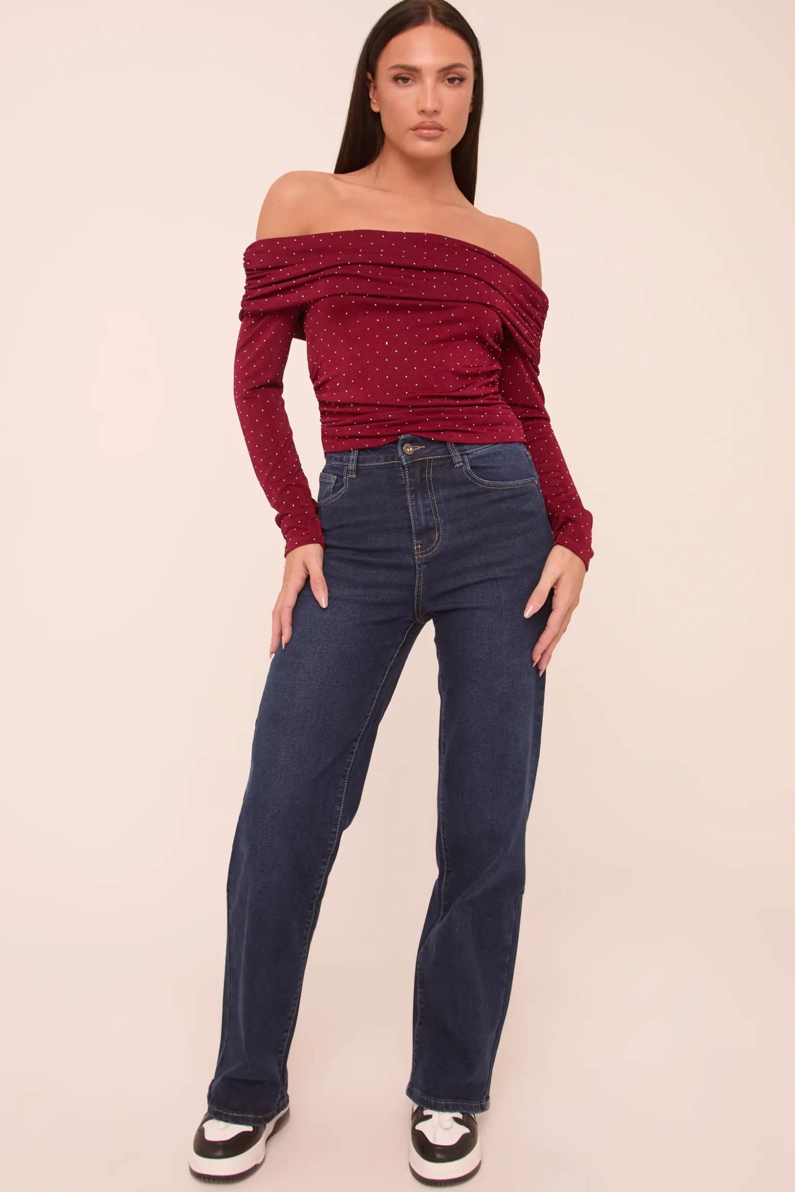 Rebellious Fashion Burgundy Bardot Long Sleeves Cropped Top - Natalia