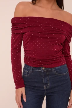 Rebellious Fashion Burgundy Bardot Long Sleeves Cropped Top - Natalia