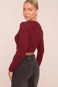 Rebellious Fashion Burgundy Cable Chunky Long Sleeves Cropped Jumper - Justyna