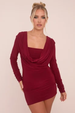 Rebellious Fashion Burgundy Cowl Neck Long Sleeve Bodycon Mini Dress - Oliana