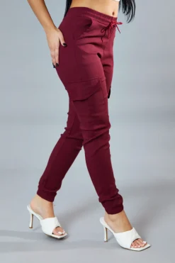 Rebellious Fashion Burgundy Cuffed Hem Cargo Trousers - Rain