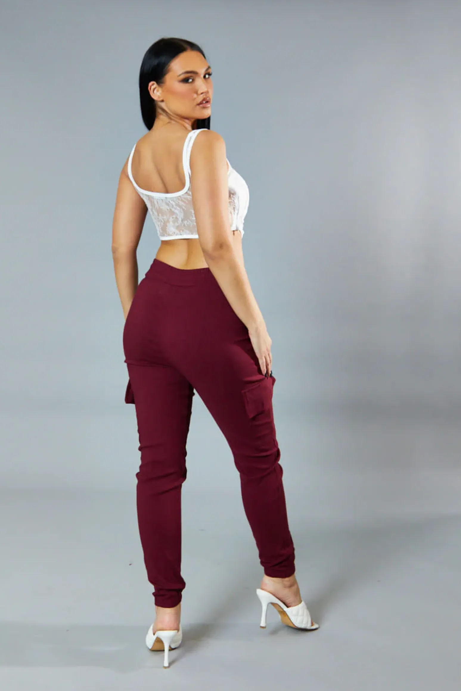 Rebellious Fashion Burgundy Cuffed Hem Cargo Trousers - Rain