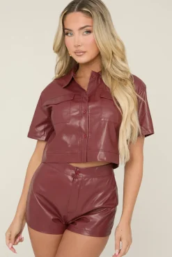 Rebellious Fashion Burgundy Faux Leather Cropped Shirt and Short Co-ord - Esmae