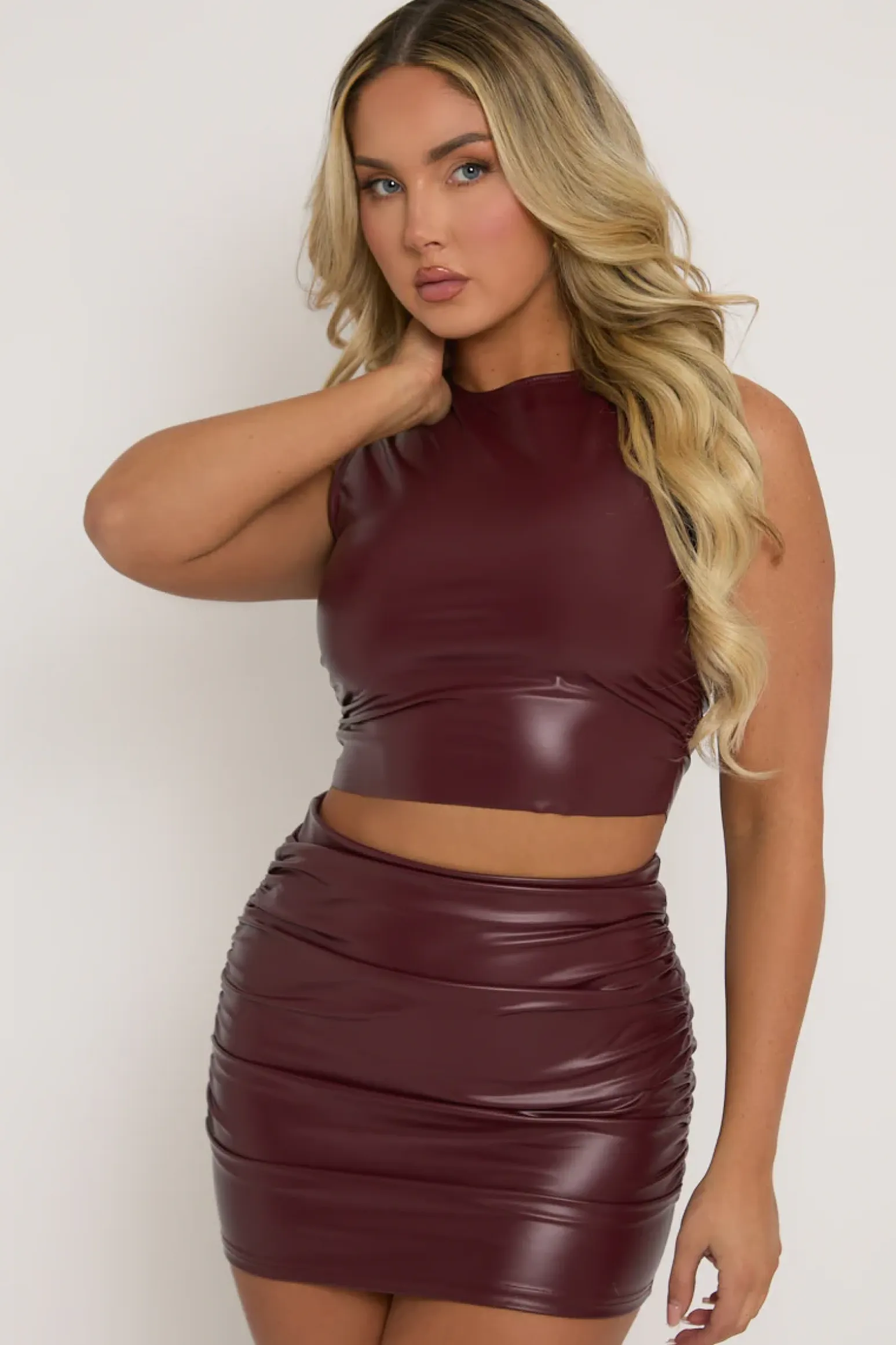 Rebellious Fashion Burgundy Faux Leather Mini Skirt and Crop Top Co-ord - Nicki