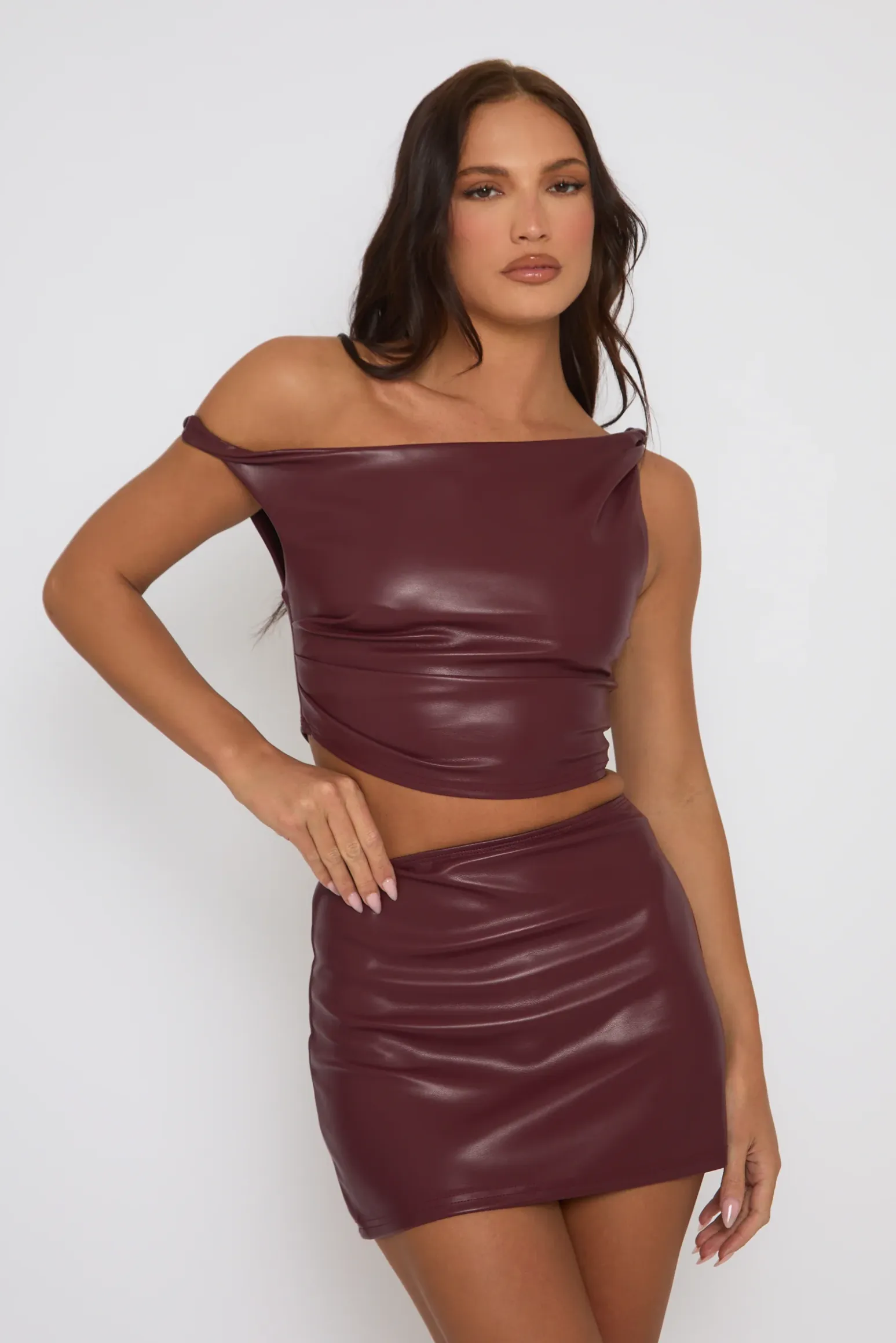 Rebellious Fashion Burgundy Faux Leather Off Shoulder Crop Top and Mini Skirt Co-ord - Moira