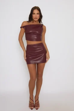 Rebellious Fashion Burgundy Faux Leather Off Shoulder Crop Top and Mini Skirt Co-ord - Moira