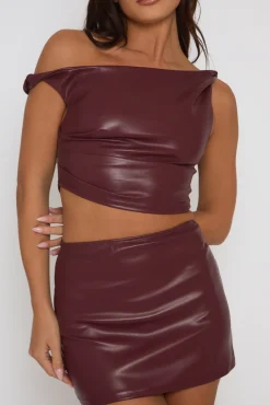 Rebellious Fashion Burgundy Faux Leather Off Shoulder Crop Top and Mini Skirt Co-ord - Moira