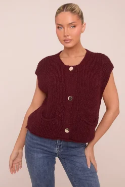 Rebellious Fashion Burgundy Knit Button Up Sleeveless Cardigan - Sally