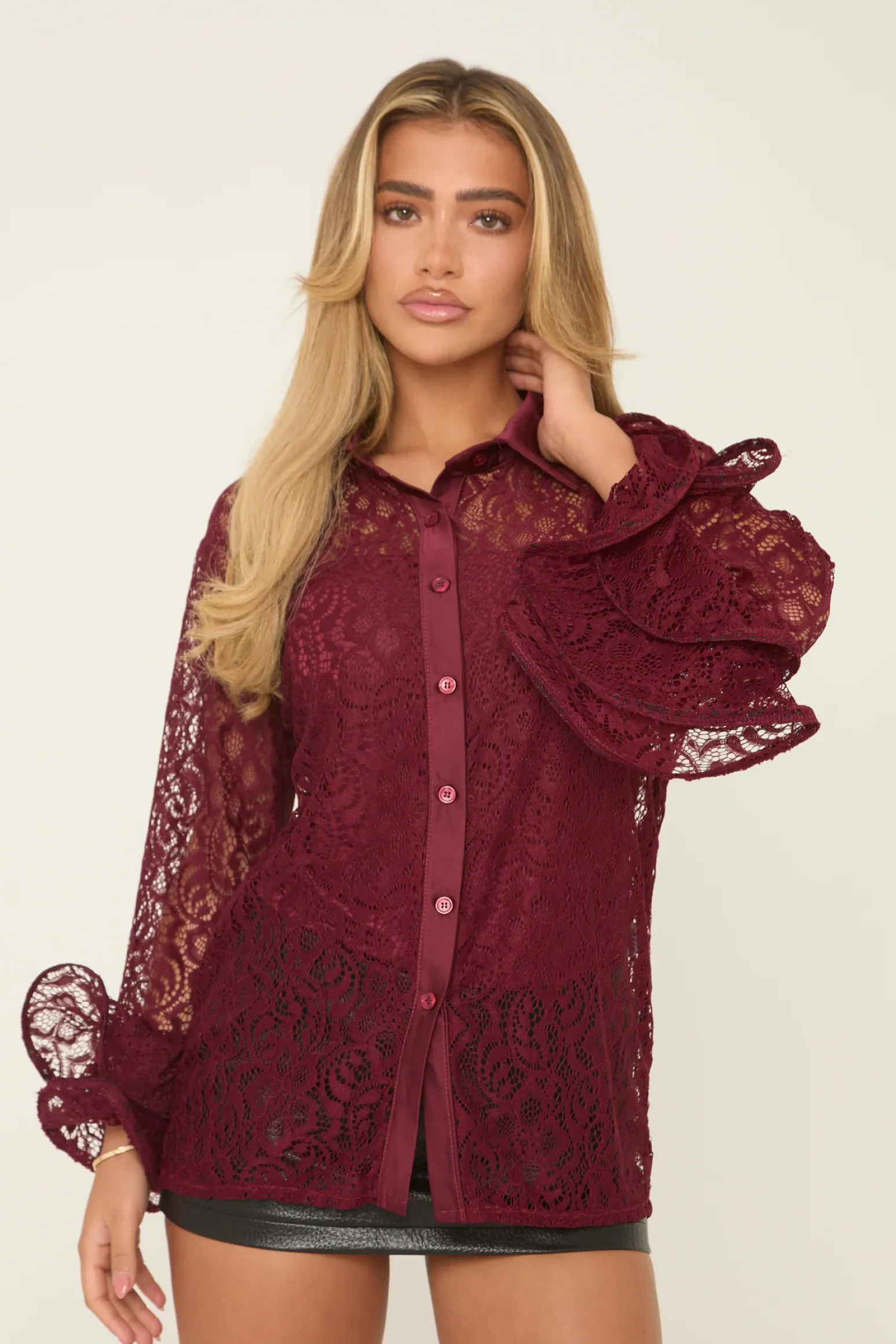 Rebellious Fashion Burgundy Lace Frill Long Sleeves Button Up Shirt - Athena